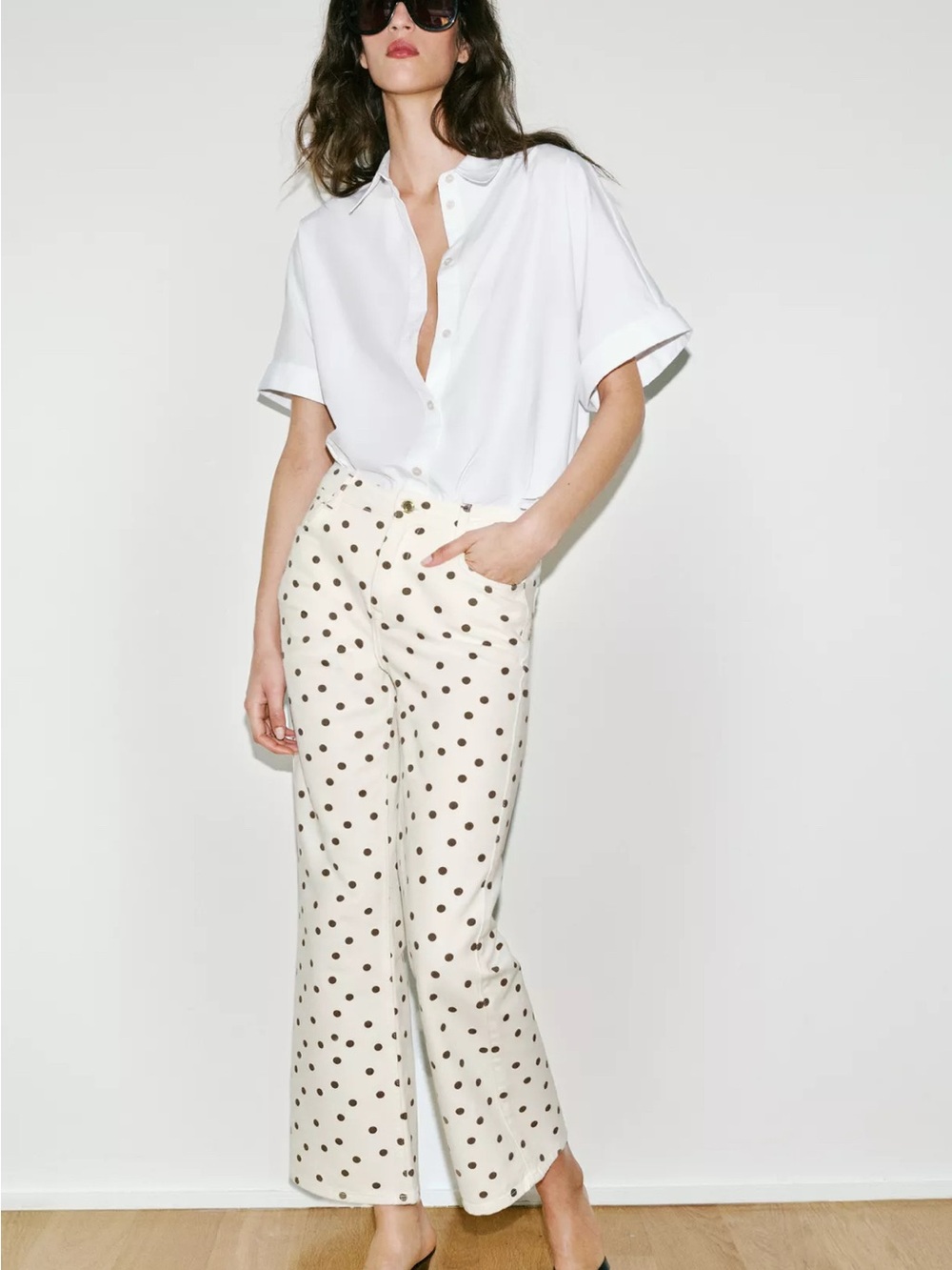 Zara Cream Wide-Leg Polka Dot yPants